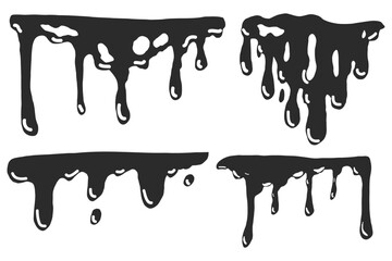 Paint drip splatter, liquid stain fluid ink droplet. Graffiti splash black melt. Paint flows, melt spray border. 