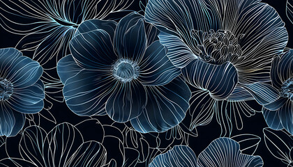 Dark Blue Floral Illustration, Line Art Design