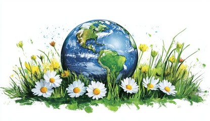 Illustration of Earth with grass and flowers in watercolor style