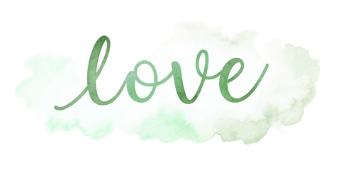 Soft watercolor background, elegant script font, romantic theme, green color palette, love message, artistic design.