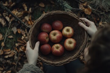 Woman Holds Basket of Red Apples Outdoors