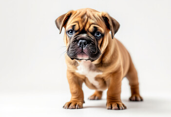 Obraz premium A young brown bulldog puppy with a wrinkly face and short fur, standing on a white background