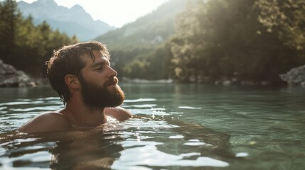 Fototapeta premium Man Relaxing by Peaceful Mountain Lake in Sunlight