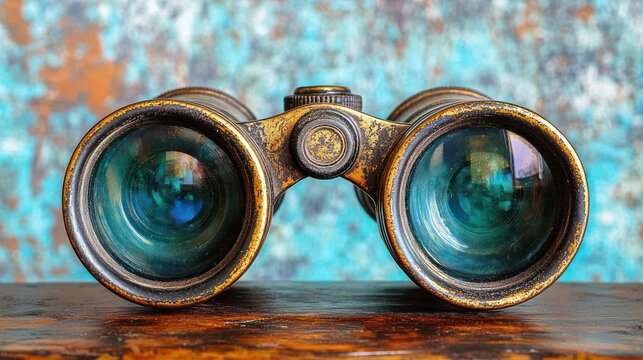 Antique brass binoculars on rustic wooden surface against a teal background.