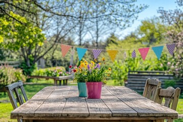 Empty wooden table top with a colorful birthday flag banner and spring garden