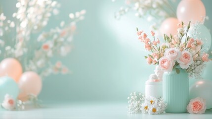 Delightful baby shower setup featuring light pink and baby blue balloons cozy indoor environment floral arrangements celebratory atmosphere