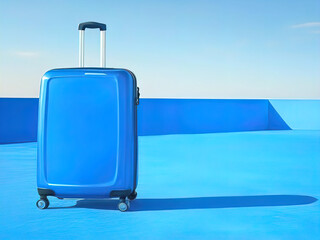 Obraz premium colored travel suitcase on wheels against a beach and a serene sea, tourism and vacation concept at sea, travel