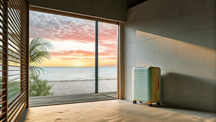 colored travel suitcase on wheels against a beach and a serene sea, tourism and vacation concept at sea, travel