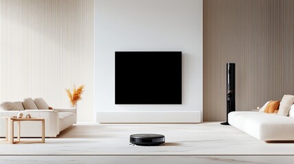 Modern Living Room With Minimalist Decor, Robot Vacuum Cleaner, Large TV, and Cozy Atmosphere