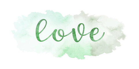 Soft watercolor background, green love lettering, romantic design, artistic expression, perfect for greeting cards.