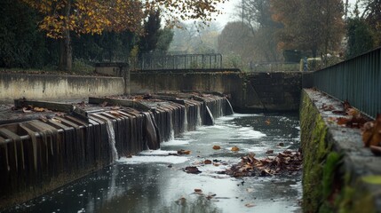 Fototapeta premium Tranquil River Scene with Autumn Leaves and Calm Water