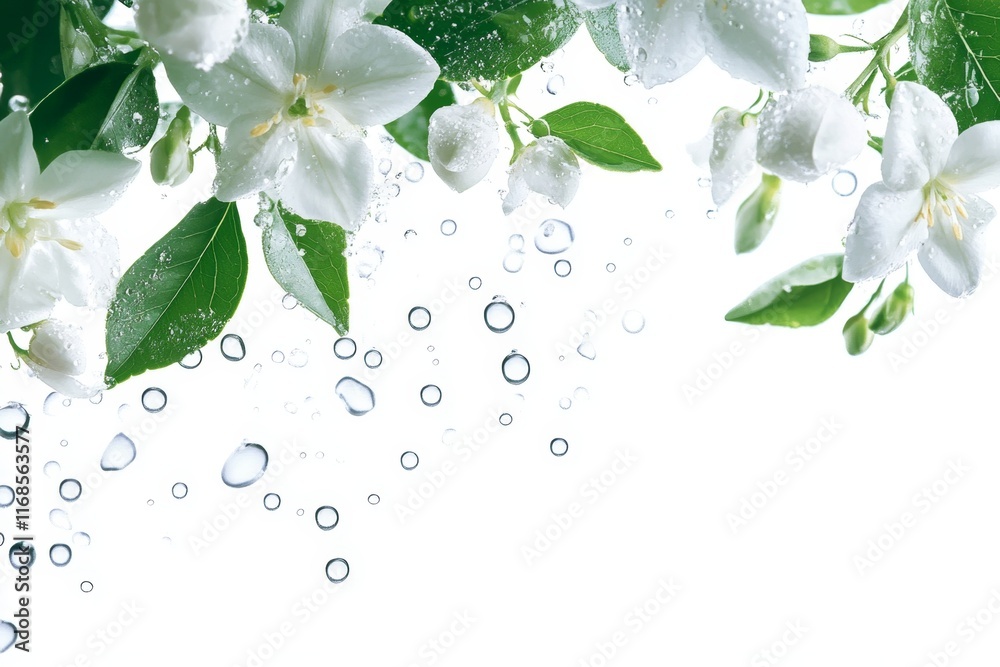 Wall mural White flowers with water droplets on white background.