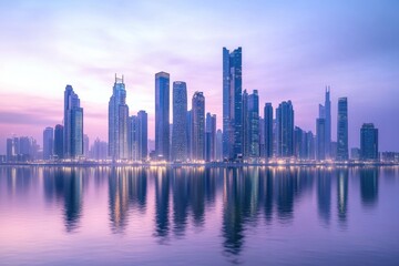 Fototapeta premium Sunrise reflection on Dubai skyline with modern architecture and calm waters