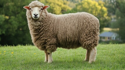 Obraz premium Sheep standing on green grass in a sunny pasture surrounded by trees and distant buildings