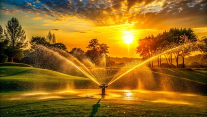 Obraz premium Golden Hour Golf Course Irrigation: High-Pressure Sprinkler System in Action