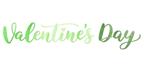 Valentine's Day design, green watercolor lettering, romantic theme, festive celebration, love and affection.