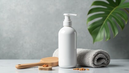 Mockup Pet Shampoo Bottle on white background with grooming tools and towel. Packaging template mockup