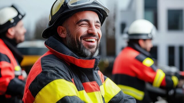 Beaming firefighter in striking uniform shares a moment of triumph, surrounded by fellow firehouse members.