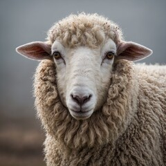 Fototapeta premium A single beautiful sheep looking directly at the camera, with a serene expression and a white background.