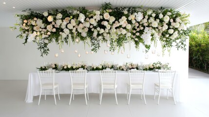 Elegant wedding reception setup with stunning floral arrangement and minimalistic white decor