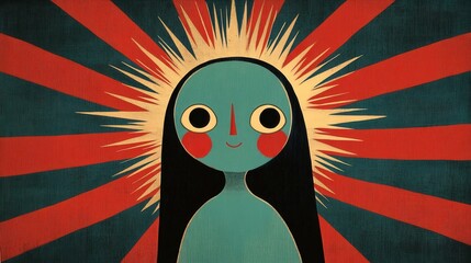 Naklejka premium Abstract illustration of a girl with bright colors and a sunburst design background