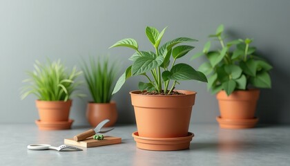 Obraz premium Mockup Plant Pot on white background with small plants and gardening tools. Packaging template mockup