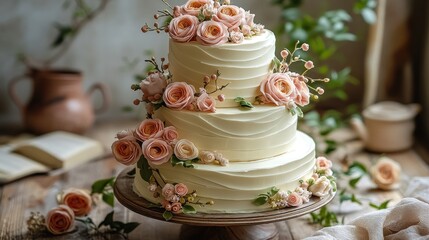 Fototapeta premium Three-tiered wedding cake adorned with peach roses.
