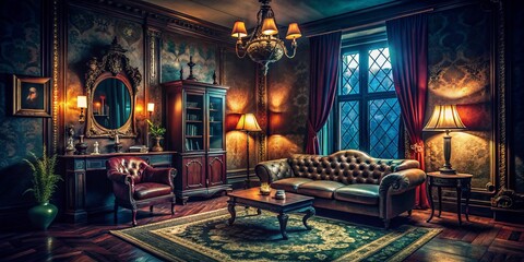Naklejka premium Gothic Noir Living Room Interior: Dark Elegance & Shadowy Details