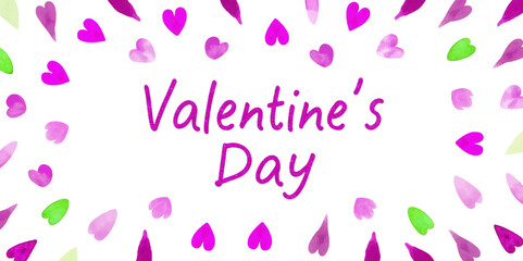 Valentine's Day design, watercolor hearts, romantic theme, festive colors, celebration of love, greeting card style.