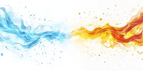 Abstract blue water and orange fire streams collide on white background.