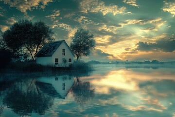 Fototapeta premium Serene lakeside house under a dramatic sunset with colorful clouds
