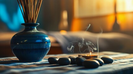 Relaxing interior with incense and stones creating a calming atmosphere in a serene bedroom setting