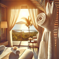 Obraz premium In morning light, close-up plan of clean white towel hanging in luxury hotel evoking feeling of relaxation and travel desire