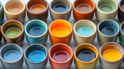 Colorful ceramic shot glasses arranged in rows on a light background.