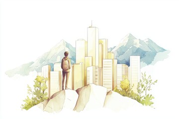 A lone traveler gazes at a vibrant cityscape surrounded by mountains and greenery.