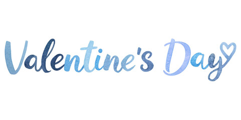Valentine's Day design, watercolor style, blue hues, romantic theme, festive lettering, love celebration.