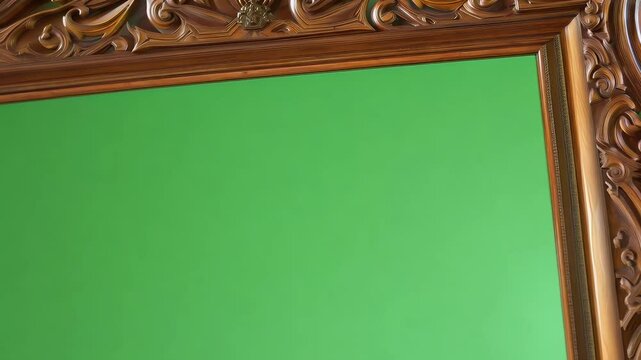 Showcase any desired wooden framed mirror featuring green screen ready editing customization luma key effects