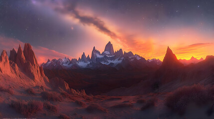 Majestic mountain range at sunset with vibrant sky and stars.