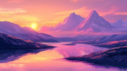 A serene mountain landscape at sunrise, warm sunlight bathing the peaks, a tranquil stream reflecting the golden glow of the sky.