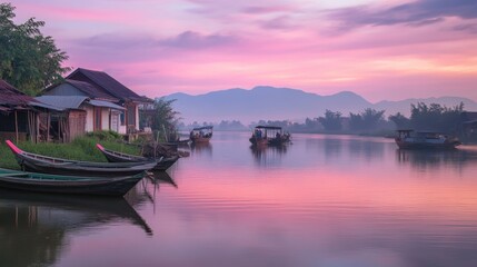 Fototapeta premium A serene riverside in a rural Thai village at dusk, with fishing boats anchored along the shore and soft pink skies reflected in the water