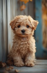 Cute small dog sitting on wooden deck surrounded by trees during golden hour in the park