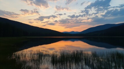 Fototapeta premium A serene sunset over Miedziane and Szpiglasowa Przelecz, with the mountain silhouettes reflecting on a nearby alpine lake