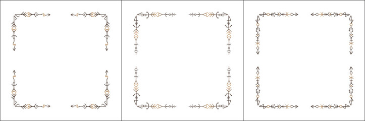 Frame set. Three brown frames with elegant black and white ornamental frame with Viking runes, decorative border, corners. Isolated vector illustration.	
