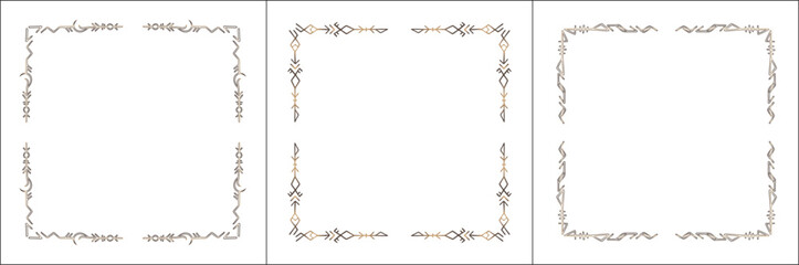 Frame set. Three brown frames with elegant black and white ornamental frame with Viking runes, decorative border, corners. Isolated vector illustration.	
