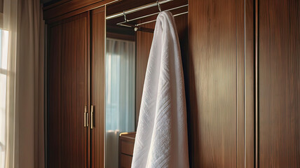 In morning light, close-up plan of clean white towel hanging in luxury hotel evoking feeling of relaxation and travel desire