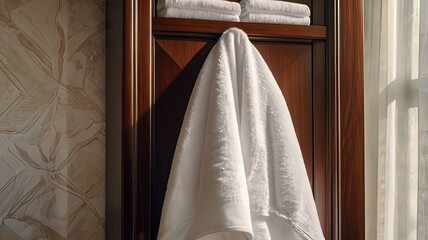 In morning light, close-up plan of clean white towel hanging in luxury hotel evoking feeling of relaxation and travel desire