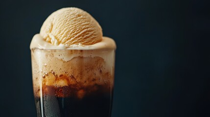 A delicious glass of root beer float topped with creamy vanilla ice cream, creating a perfect dessert for warm days.