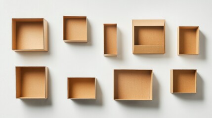 A set of corrugated cardboard boxes of varying sizes neatly arranged on a clean white background, with sharp details and realistic shadows