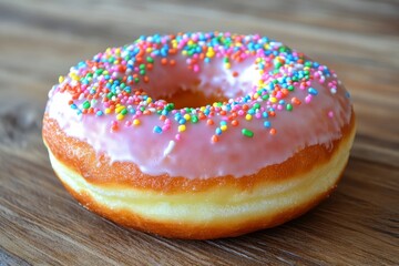 Pink frosted donut with colorful sprinkles resting on wooden table