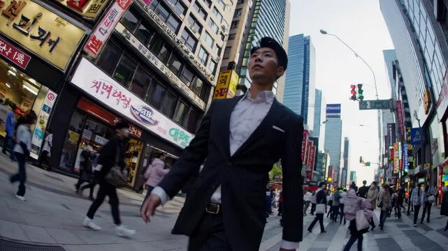Formal Man in Urban Illusion, Business Attire Mid-Stride on City Street, Optical Illusion Photography